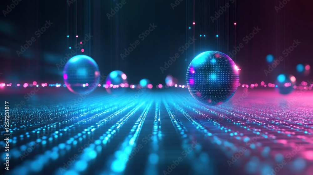 Aufkleber Digital spheres hover above a field of glowing data streams