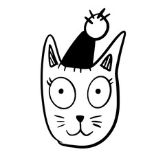 Cat, Kitten, Party, Funny, Cute, Doodle, Cartoon, Sketch, Blackwork, Lineart, Whimsical, Minimal, Hat, Silly, Comic, Quirky, Illustration, Ink, Monochrome, Hand-drawn, Feline, Character, Artistic, Pla