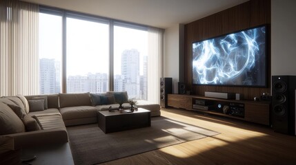 Modern Living Room With City View And Home Theater