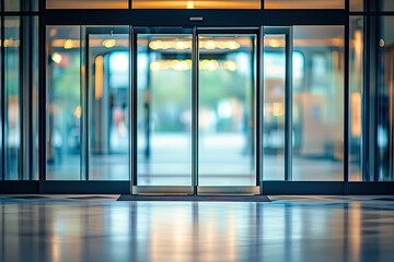 Automatic doors, lobby, building entrance, glass, modern, interior, open, business, access, evening