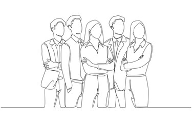 Continuous one line drawing of group of businesspeople standing confidently, business teamwork concept, single line art