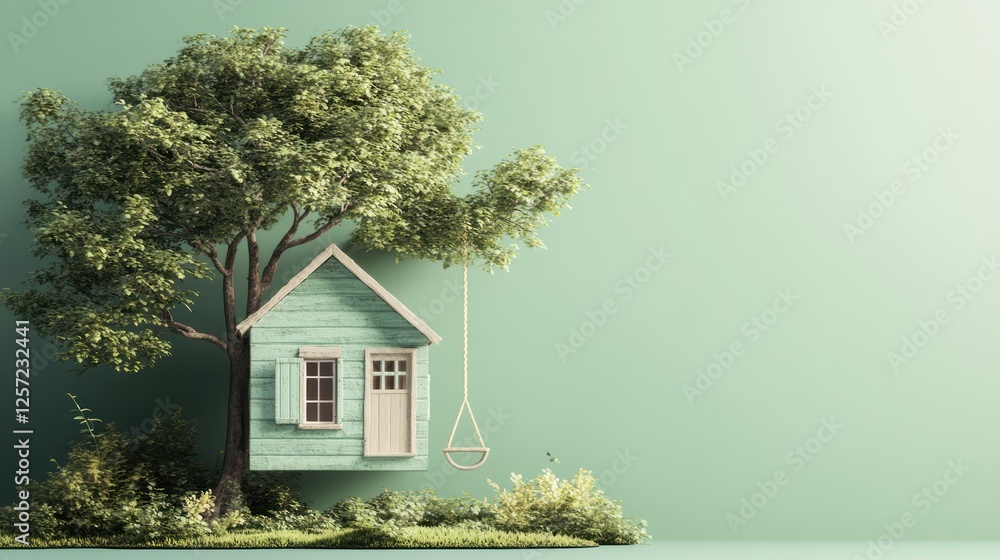 Poster Adorable little treehouse with swing attached to a tree