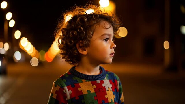 Horizontal video. Autism spectrum disorder concept, ASD. World autism awareness day. Little boy with autism on blurred background with sweater puzzle pieces.