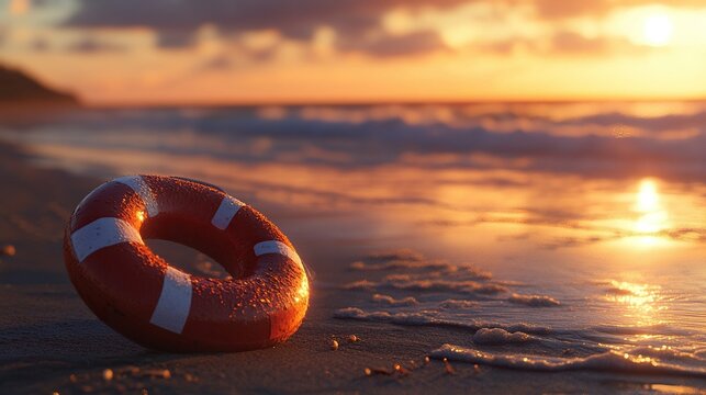 Life preserver on beach during sunset