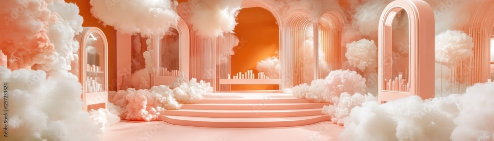 Poster dreamlike architectural scene featuring soft pinks and white clouds