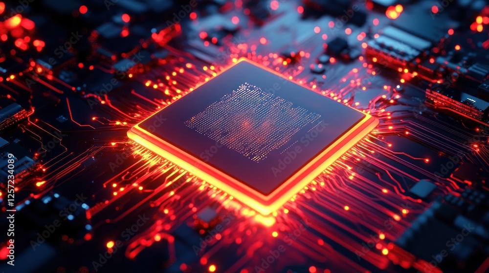 Poster close-up of a glowing microchip on a circuit board
