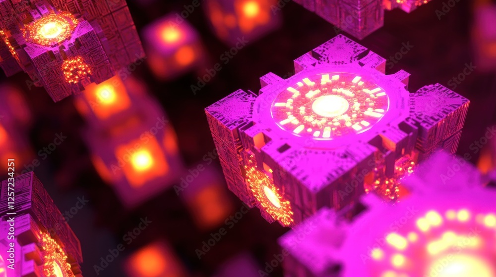 Poster Futuristic luminous cubes float mysteriously in a dark abstract scene