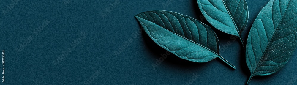 Wall mural teal leaves on dark blue, nature background