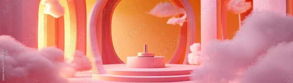 Poster Pastel display with circles clouds and small metallic object