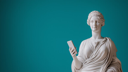 Obraz premium Statue of an ancient Greek goddess holds phone