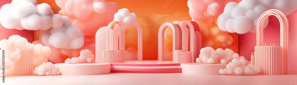 Poster pastel arches and clouds create an ethereal display stage