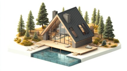 A frame cabin with pool and wooded surrounding area