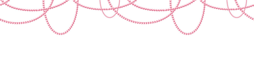 Bead pendants in pink pastel color. Coquette core, girly style, cutecore aesthetic. Watercolor hand drawn isolated seamless border of delicate trendy accessories for romantic card and wedding design.