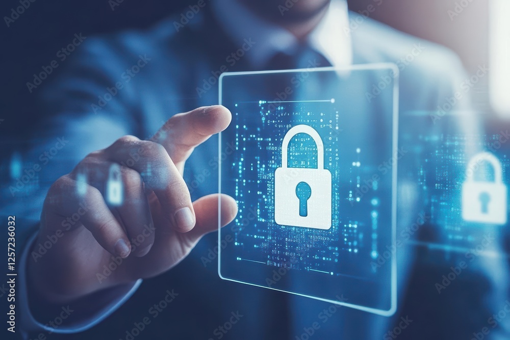 Poster businessman in suit touching digital padlock on touchscreen interface for security concept