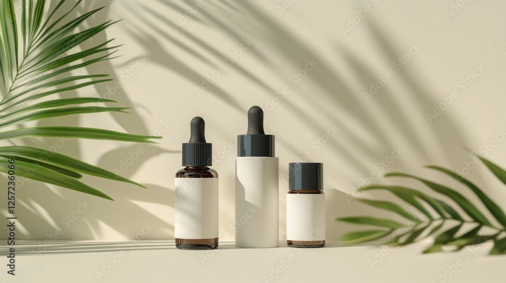 Poster three cosmetic dropper bottles on a table with plant shadows