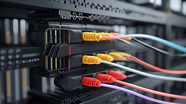 Fiber Optic cables connected to network ports