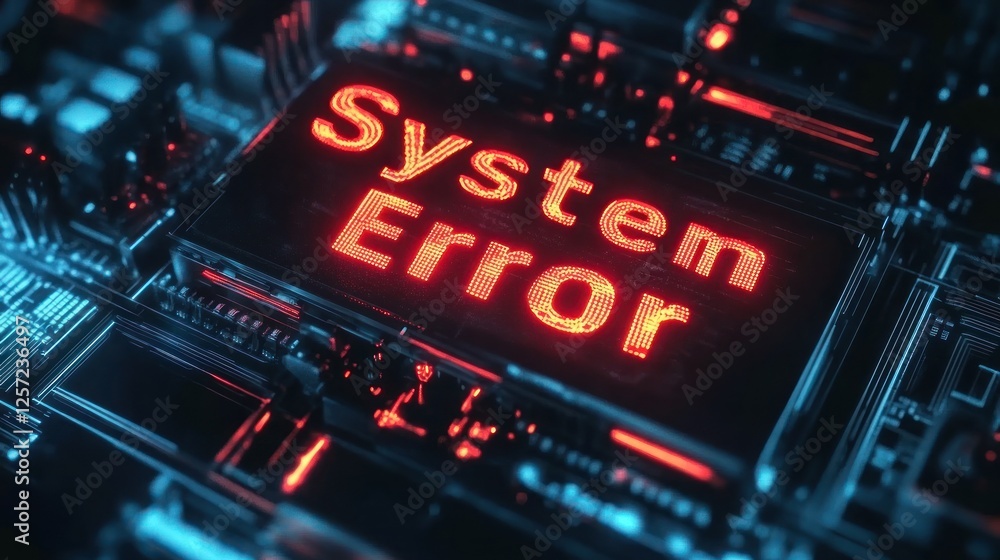 Poster glowing system error message on circuit board background