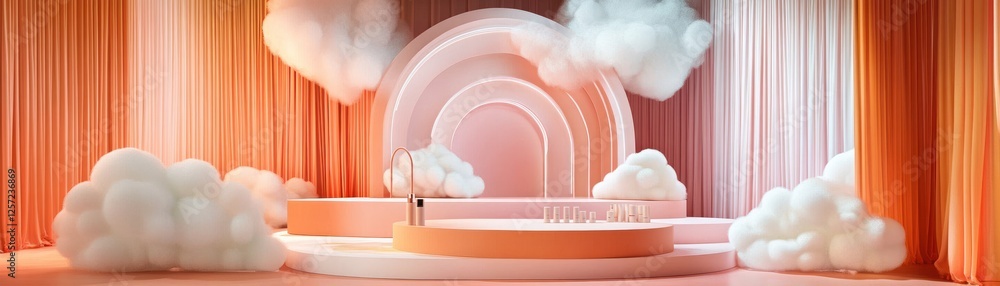 Poster pink stage with arches curtains and clouds for a presentation