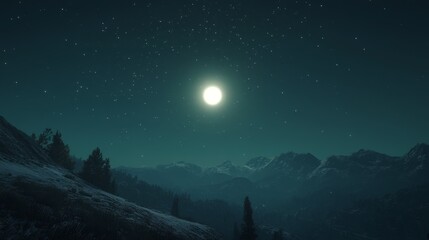 Naklejka premium Bright Moon Over Dark Mountains Under Clear Morning Sky
