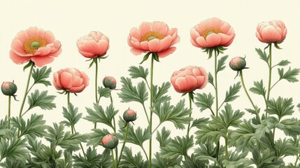 Fototapeta premium Minimalist botanical artwork of blooming flowers blossoms and gentle wildflowers, softly sketched against a pale beige background