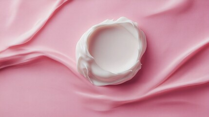 Sample of face cream on pink background, top view