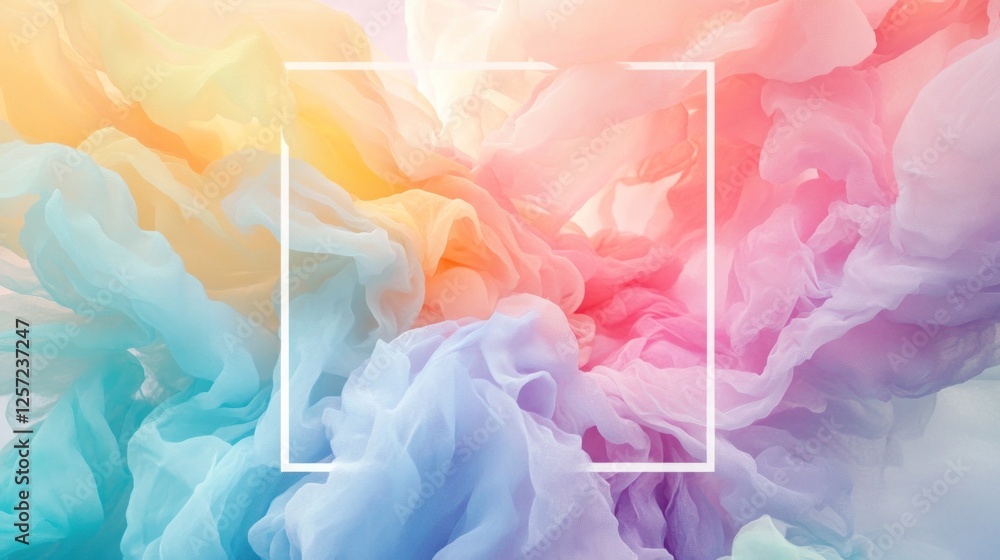 Poster abstract colorful smoke swirls around a white square frame