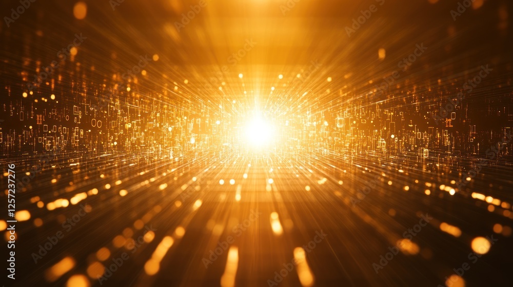 Poster golden digital data stream flowing through a futuristic technology tunnel