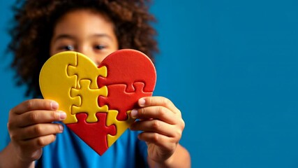 Autism spectrum disorder. Little boy with autism holding heart made of puzzle pieces on blue background. Child mental health. Autism spectrum disorder concept, ASD. World autism awareness day.