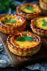 Hong Kong-style Egg Tarts, with flaky, buttery crusts and glossy, smooth custard filling.