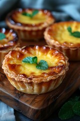 Hong Kong-style Egg Tarts, with flaky, buttery crusts and glossy, smooth custard filling.