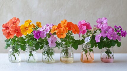 Set of colorful geranium blooms in bottles on white table. Soft focus