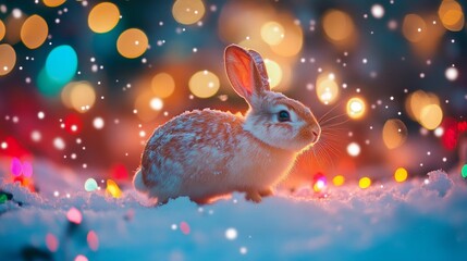 Bunny Hopping Through a Snowy Landscape with Colorful Lights