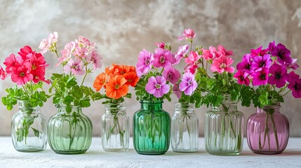 Set of colorful geranium blooms in bottles on white table. Soft focus