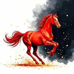 Red horse with long, flowing mane and tail, powerful legs and muscular body, rushing forward. Blurry, light background, with clouds, fog and starry sky. Concept of Chinese calendar, symbol of year.