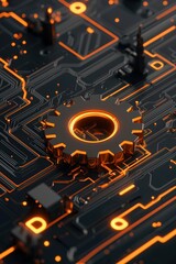 Illustration of a gear icon merging with a circuit board pattern
