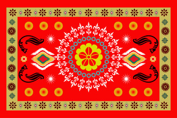 vibrant red decorative rug with intricate floral and geometric patterns, featuring symmetrical designs and central medallion, surrounded by ornate borders and motifs