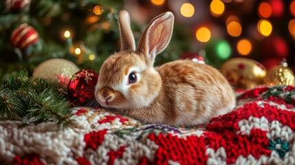 Fototapeta premium Cute Bunny Resting on Colorful Holiday Blanket with Ornaments