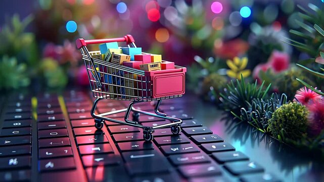 A miniature shopping cart filled with colorful boxes, placed on a keyboard with a vibrant and blurred background of flowers.