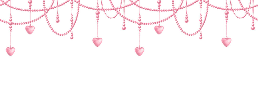 Pink pastel beads, hearts and pendants. Coquette core, girly style, cutecore aesthetic. Watercolor hand drawn isolated seamless border of delicate trendy accessories for romantic card, wedding design.