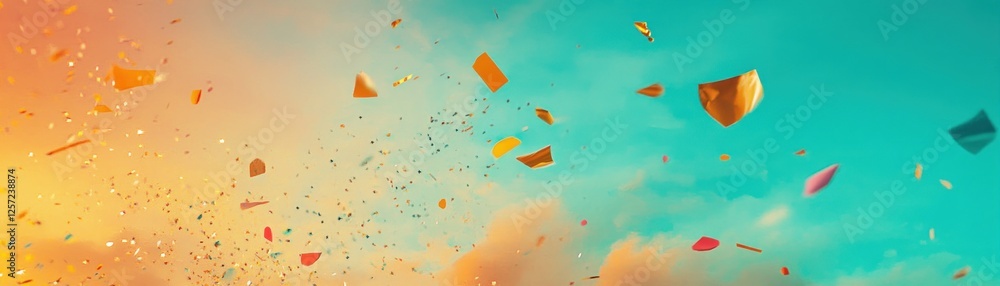 Poster Confetti and glittering particles fall against a colorful sky background
