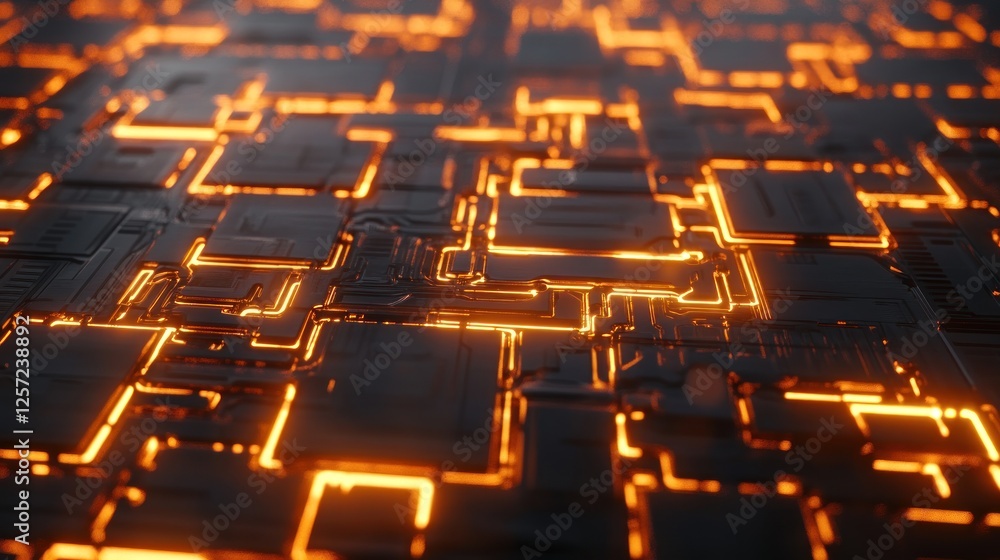 Poster complex futuristic surface illuminated with glowing orange lines and details
