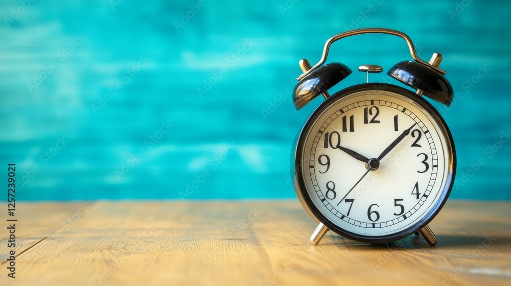 Poster classic clock on wooden table with moving hands displaying time