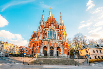 Fototapeta premium Church Saint Joseph at Podgorski Square in Podgorze district city view near river in Krakow Poland.