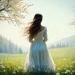 Serene Spring Morning: Woman in a White Dress Amid Blooming Fields