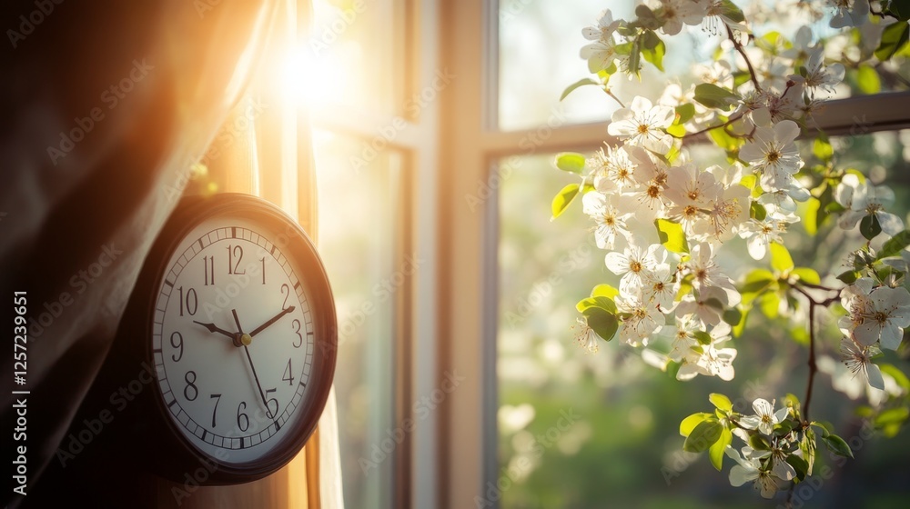 Poster bright spring morning with clock showing time by window