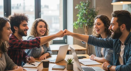 Happy colleagues business partners friends college students classmates giving fist bump while working studding doing home work create start up project together at the working desk