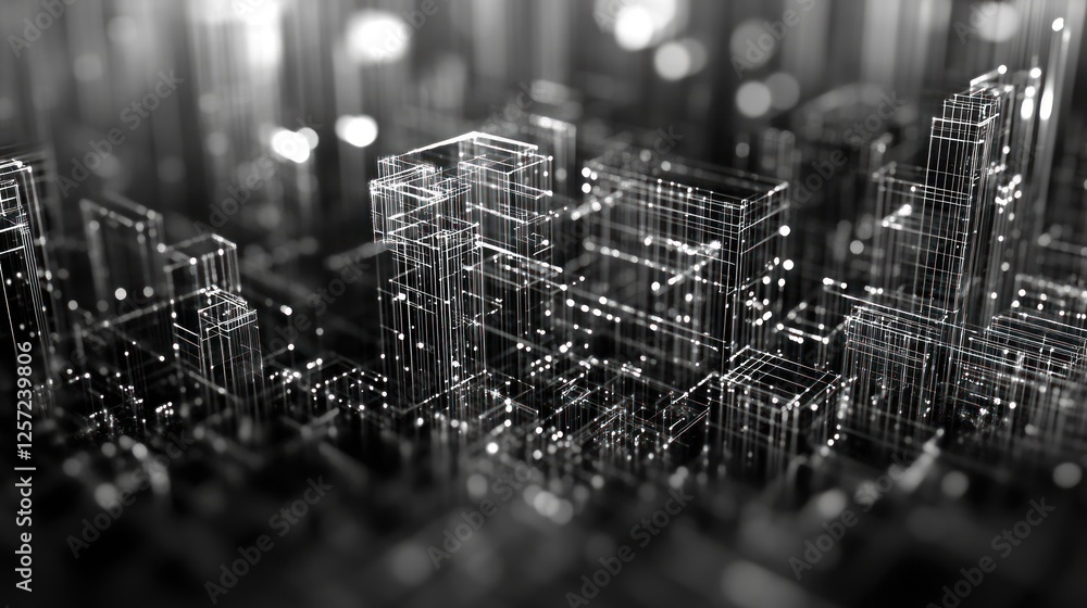Poster Abstract futuristic city rendered as wireframe with bokeh effect