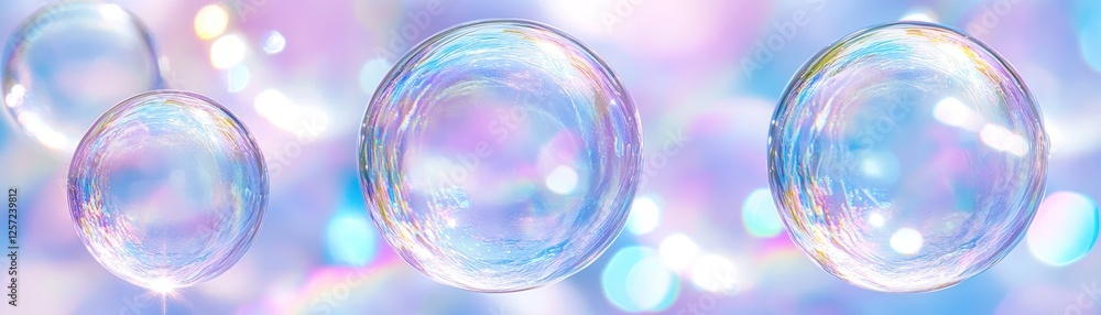 Poster Three iridescent bubbles floating gracefully against a soft bokeh background