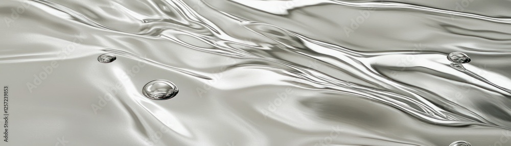Poster liquid metal surface with shimmering reflections and floating bubbles