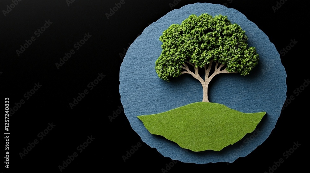 Poster green tree on layered background in minimalist design style